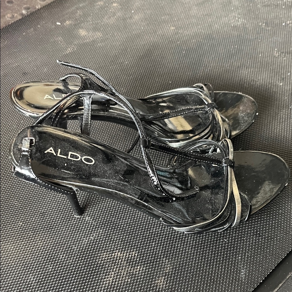 Aldo Glossy Black Strappy Heels